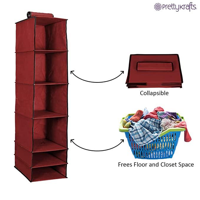6-Shelf Foldable Hanging Wardrobe Organizer – Maroon Storage - KalaKirtiHub