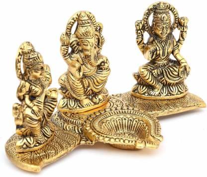 Design Gold Plated Lakshmi Ganesh Saraswati Idol with Deepak Showpiece - KalaKirtiHub