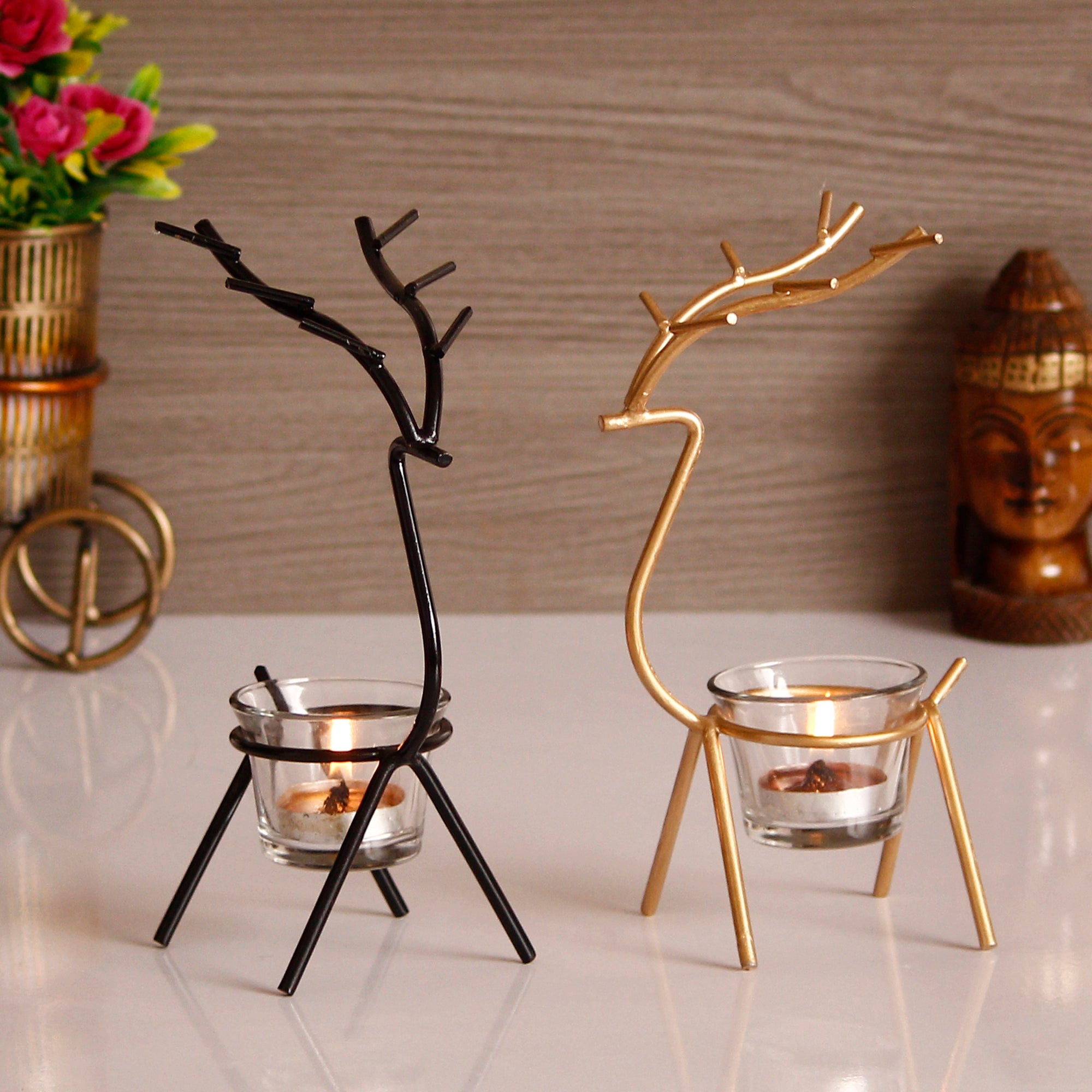 eCraftIndia Set of 2 Deer Shape Decorative Handcrafted Metal Tea Light Holder - KalaKirtiHub