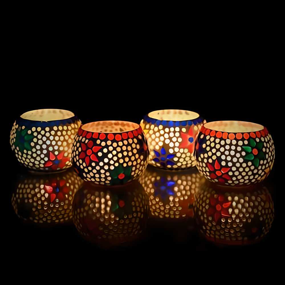 eCraftIndia Set of 4 Mosaic Glass Decorative Tea Light Holder - KalaKirtiHub