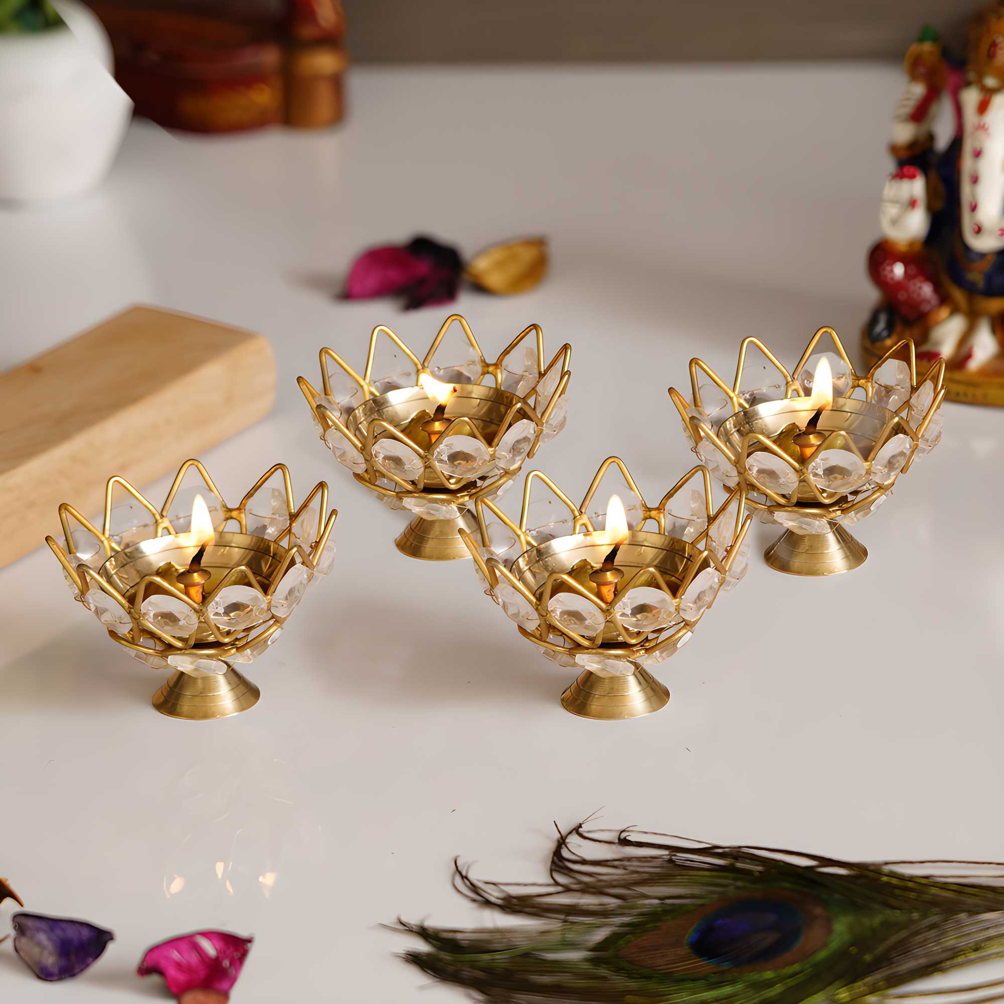 eCraftIndia Set of 4 Lotus Shape Crystal Tea Light Holder - KalaKirtiHub
