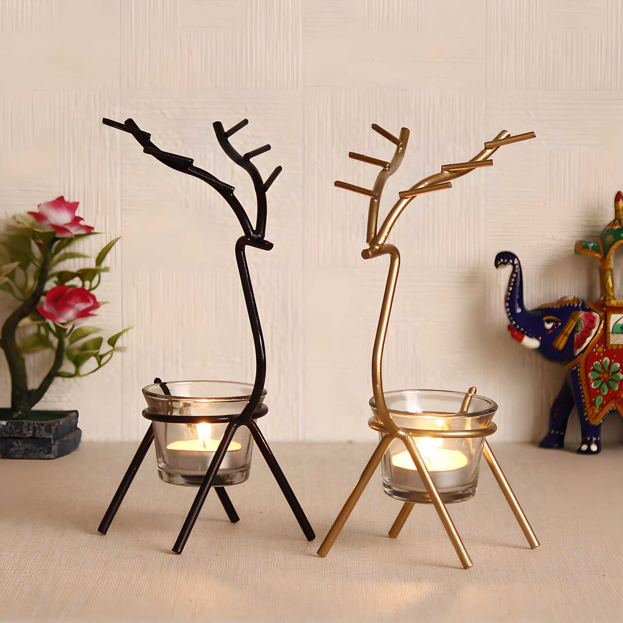 eCraftIndia Set of 2 Deer Shape Decorative Handcrafted Metal Tea Light Holder - KalaKirtiHub