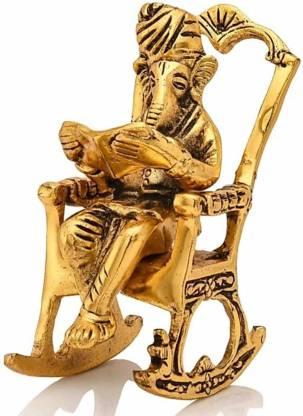 Golden Lord Ganesha Statue Sitting On A Rocking Chair And Reading Ramayan Showpiece - KalaKirtiHub