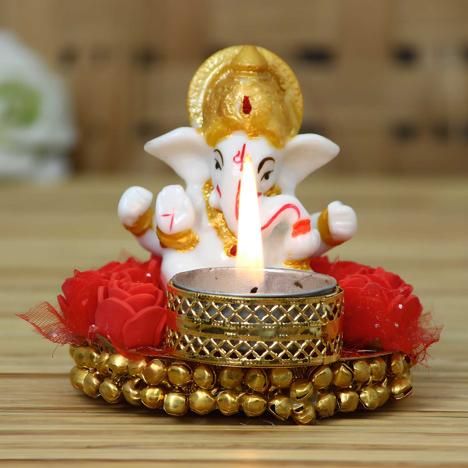 eCraftIndia Lord Ganesha Idol on Decorative Plate with Tea Light Holder - KalaKirtiHub