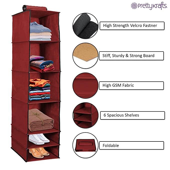 6-Shelf Foldable Hanging Wardrobe Organizer – Maroon Storage - KalaKirtiHub