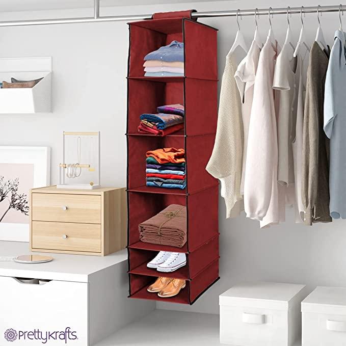 6-Shelf Foldable Hanging Wardrobe Organizer – Maroon Storage - KalaKirtiHub