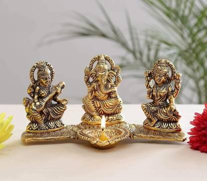 Design Gold Plated Lakshmi Ganesh Saraswati Idol with Deepak Showpiece - KalaKirtiHub
