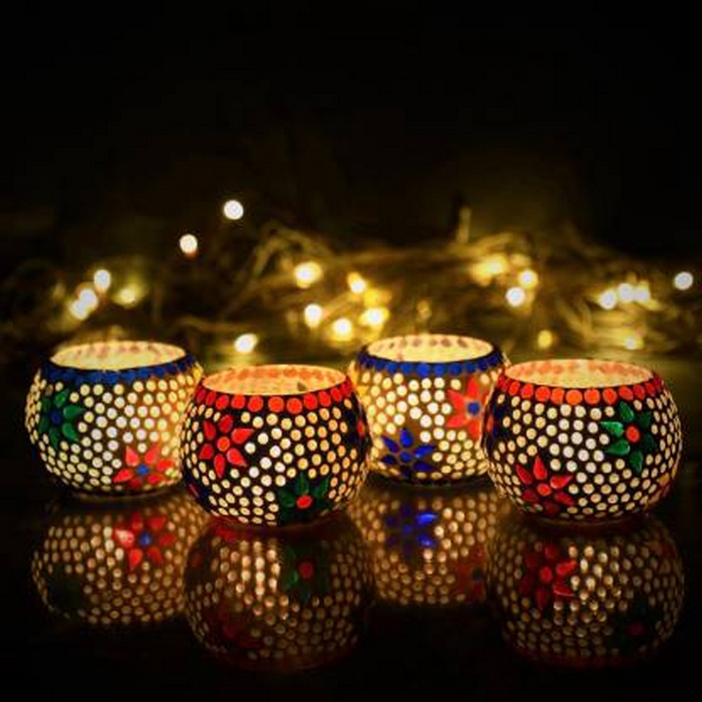 eCraftIndia Set of 4 Mosaic Glass Decorative Tea Light Holder - KalaKirtiHub