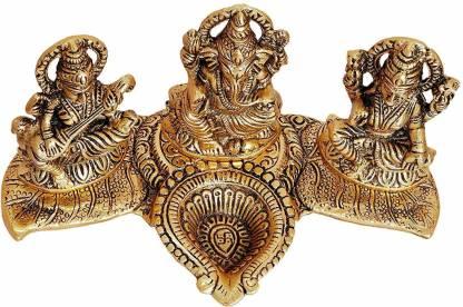 Design Gold Plated Lakshmi Ganesh Saraswati Idol with Deepak Showpiece - KalaKirtiHub