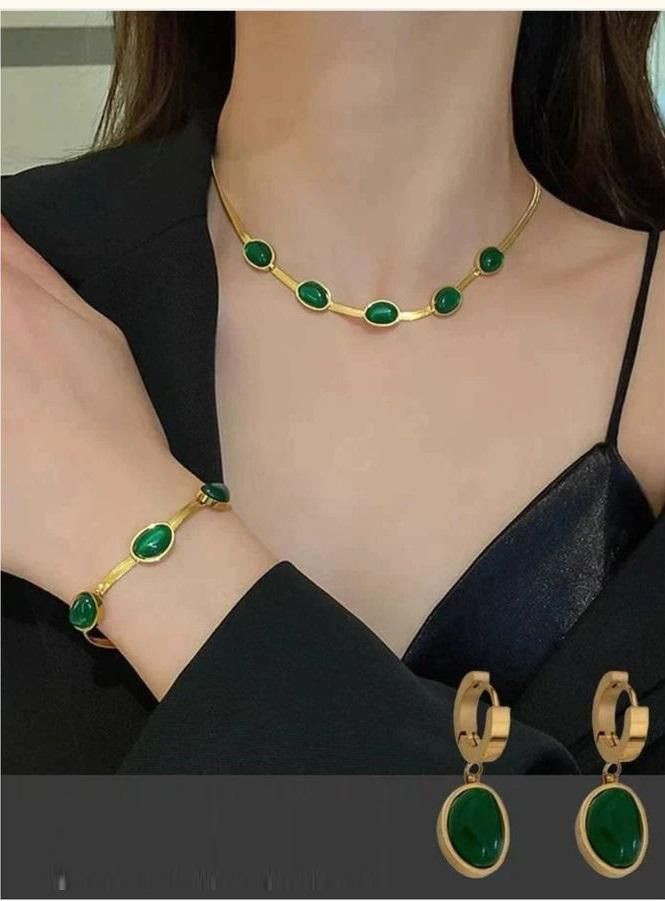Oval Green Crystal Necklace & Bracelet Set – Elegant Jewelry - KalaKirtiHub