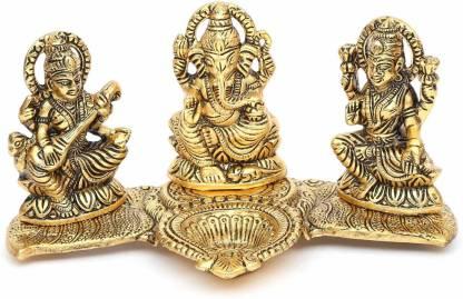 Design Gold Plated Lakshmi Ganesh Saraswati Idol with Deepak Showpiece - KalaKirtiHub