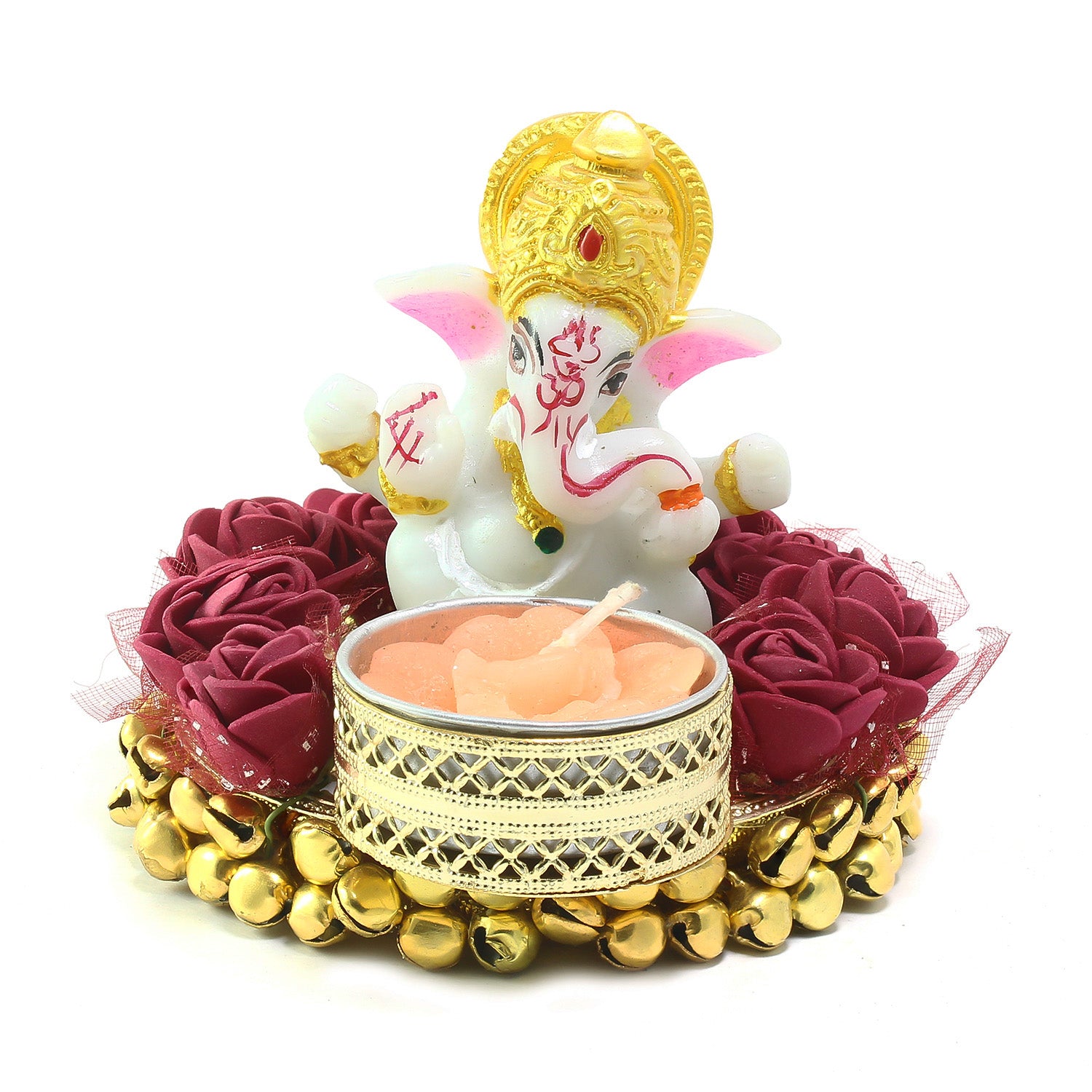 eCraftIndia Lord Ganesha Idol on Decorative Plate with Tea Light Holder - KalaKirtiHub