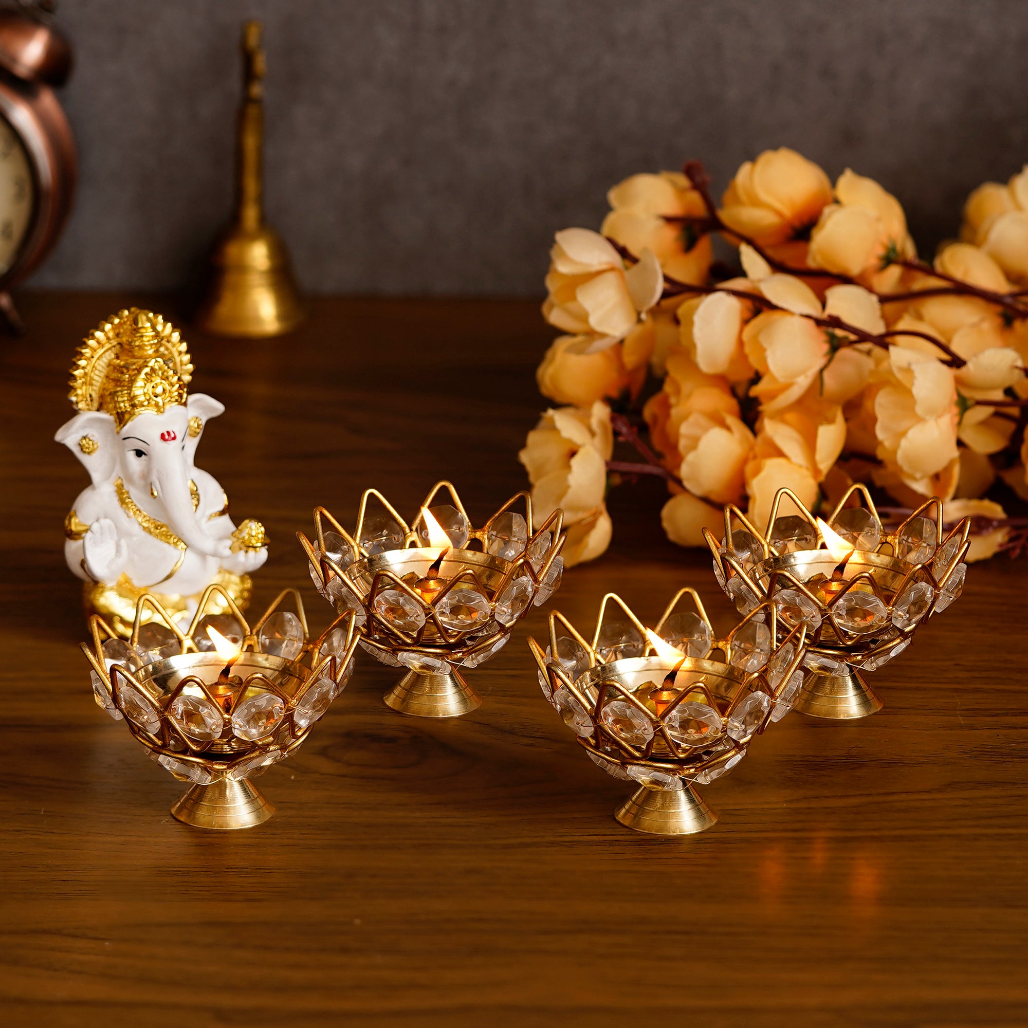 eCraftIndia Set of 4 Lotus Shape Crystal Tea Light Holder - KalaKirtiHub