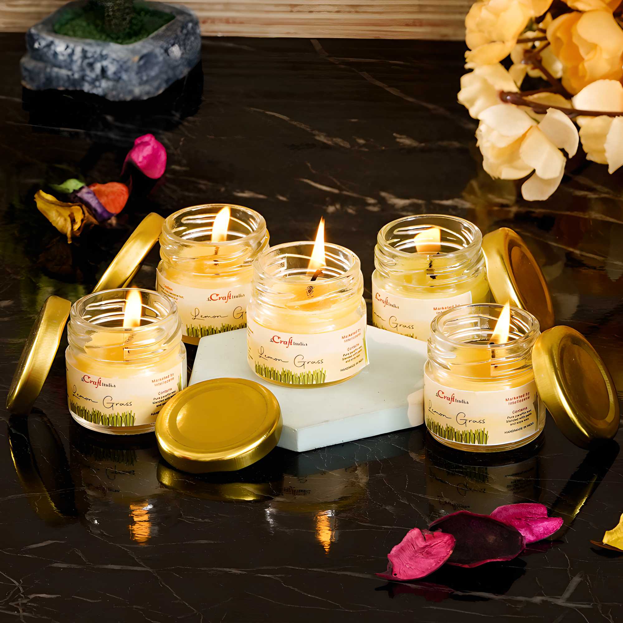eCraftIndia Set of 5 Lemon Grass Scented Minijar Candle - KalaKirtiHub